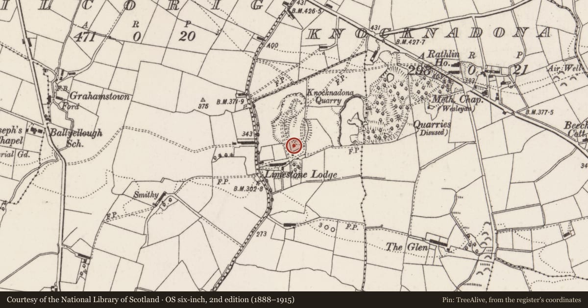 Ordnance Survey six-inch map, 2nd edition (1888–1915) covering the location of Lime Kilns, Moneybroom, Lisburn and Castlereagh, with a pin at the register's coordinates