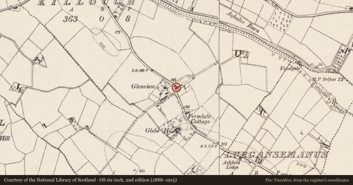 Ordnance Survey six-inch map, 2nd edition (1888–1915) covering the location of 20 Soldierstown Road, Killough, Aghalee, Craigavon, County Antrim, BT67 0ES, Lisburn, with a pin at the register's coordinates
