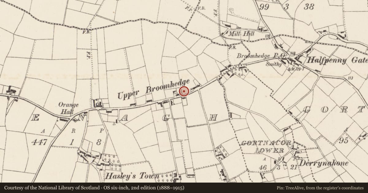 Ordnance Survey six-inch map, 2nd edition (1888–1915) covering the location of Broomhedge Gospel Hall, Creenagh, Lisburn and Castlereagh, with a pin at the register's coordinates