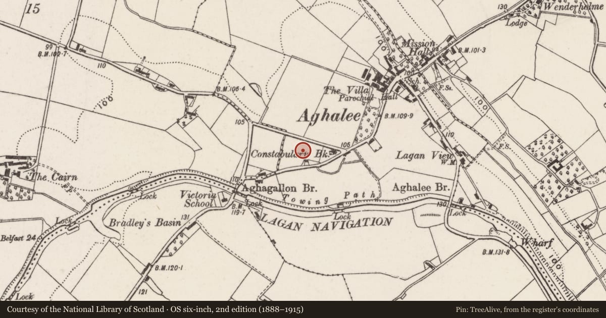 Ordnance Survey six-inch map, 2nd edition (1888–1915) covering the location of 15 Lurgan Road, Kilhough, Lisburn and Castlereagh, with a pin at the register's coordinates