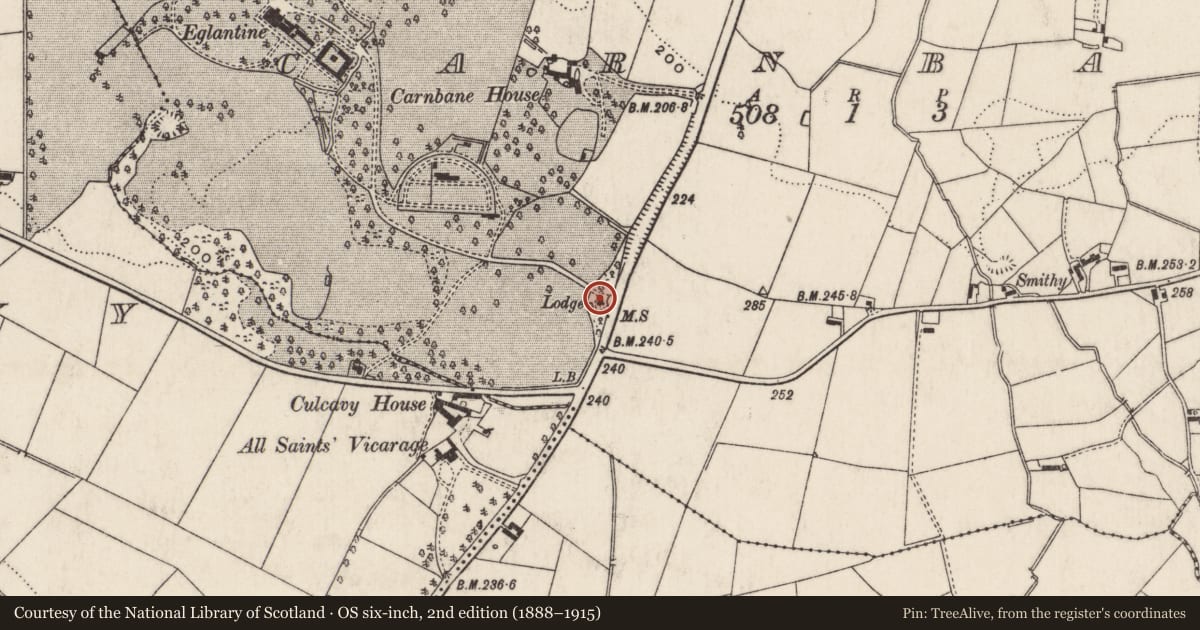 Ordnance Survey six-inch map, 2nd edition (1888–1915) covering the location of Eglantine Gate Lodge, Carnbane, Lisburn and Castlereagh, with a pin at the register's coordinates