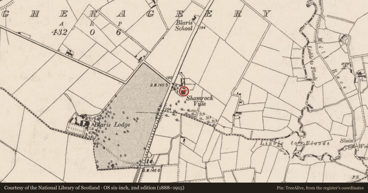 Ordnance Survey six-inch map, 2nd edition (1888–1915) covering the location of Shamrock Vale, Magherageery, Lisburn and Castlereagh, with a pin at the register's coordinates