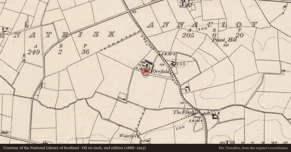 Ordnance Survey six-inch map, 2nd edition (1888–1915) covering the location of Orrfield, Lisburn and Castlereagh, with a pin at the register's coordinates