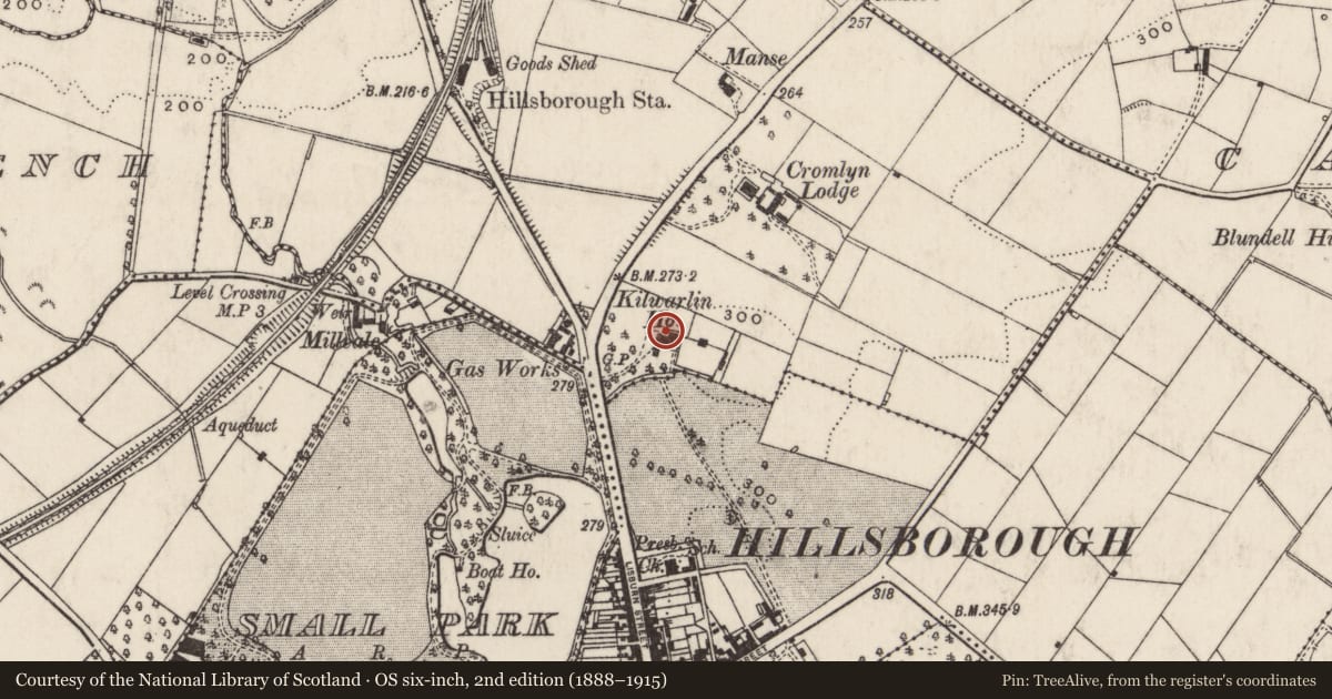 Ordnance Survey six-inch map, 2nd edition (1888–1915) covering the location of Kilwarlin House, Lisburn and Castlereagh, with a pin at the register's coordinates