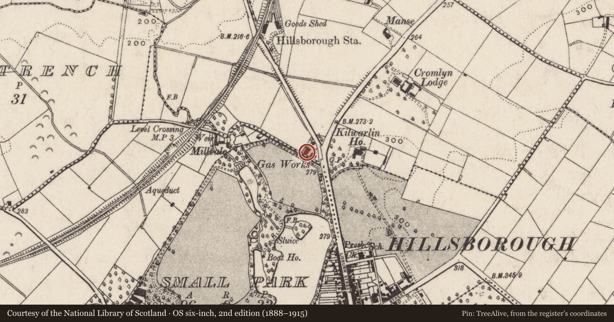 Ordnance Survey six-inch map, 2nd edition (1888–1915) covering the location of Old Gas Works, Lisburn and Castlereagh, with a pin at the register's coordinates