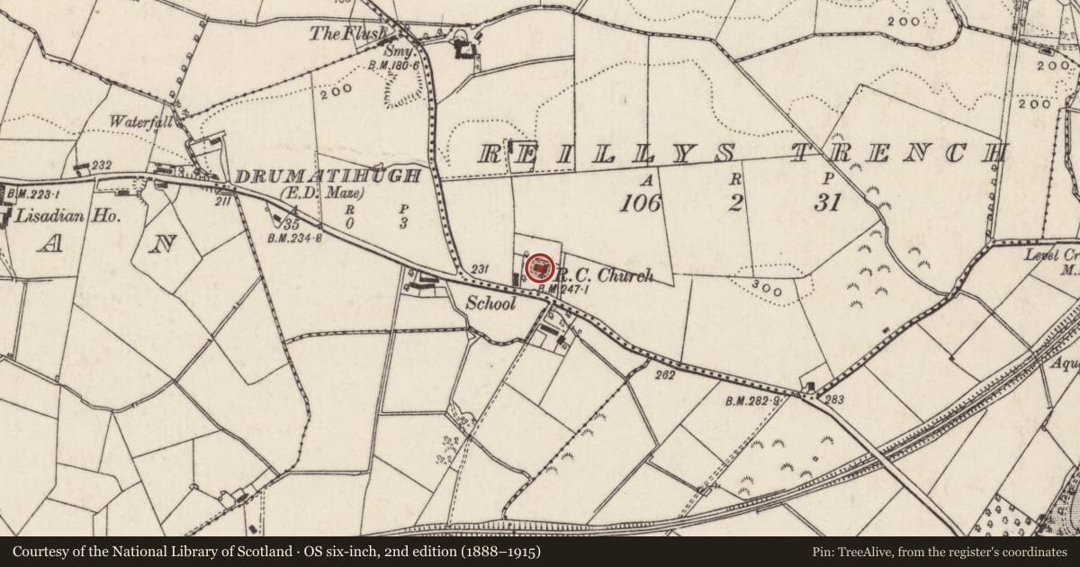 Ordnance Survey six-inch map, 2nd edition (1888–1915) covering the location of St. Colman’s Roman Catholic Church, Lisburn and Castlereagh, with a pin at the register's coordinates