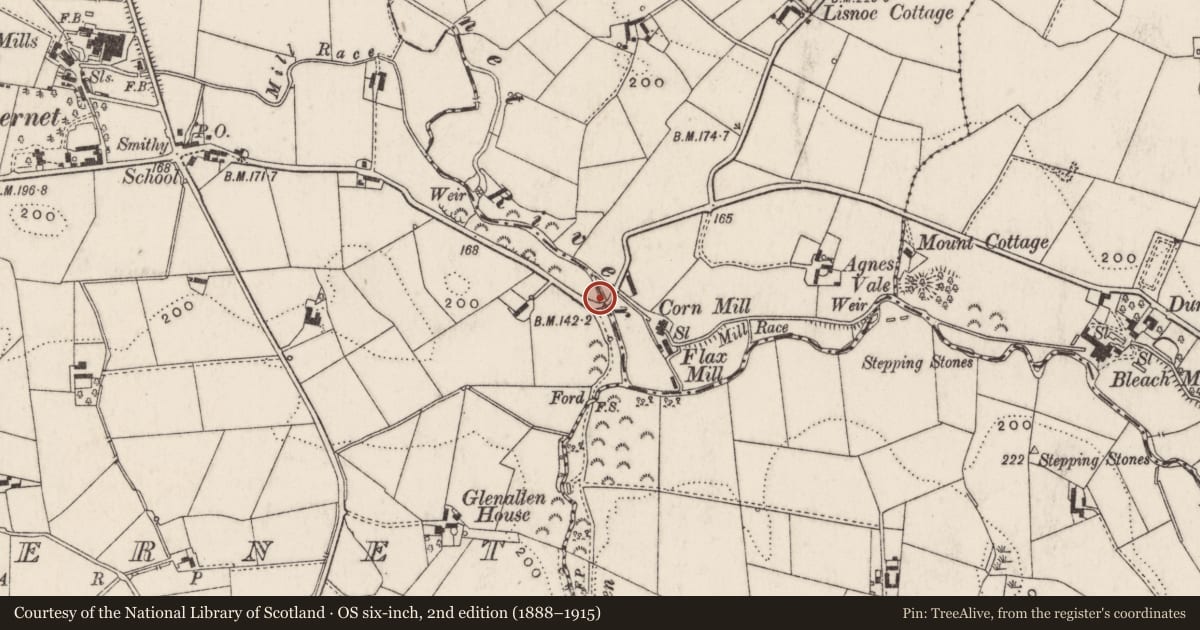 Ordnance Survey six-inch map, 2nd edition (1888–1915) covering the location of Ravarnet River Bridge, Lisburn and Castlereagh, with a pin at the register's coordinates