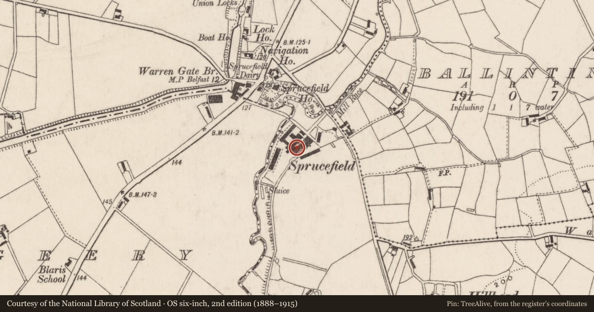 Ordnance Survey six-inch map, 2nd edition (1888–1915) covering the location of Sprucefield Mill, Lisburn and Castlereagh, with a pin at the register's coordinates