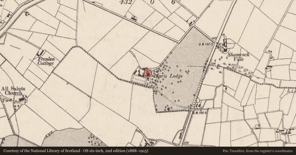 Ordnance Survey six-inch map, 2nd edition (1888–1915) covering the location of Blaris Lodge, Lisburn and Castlereagh, with a pin at the register's coordinates