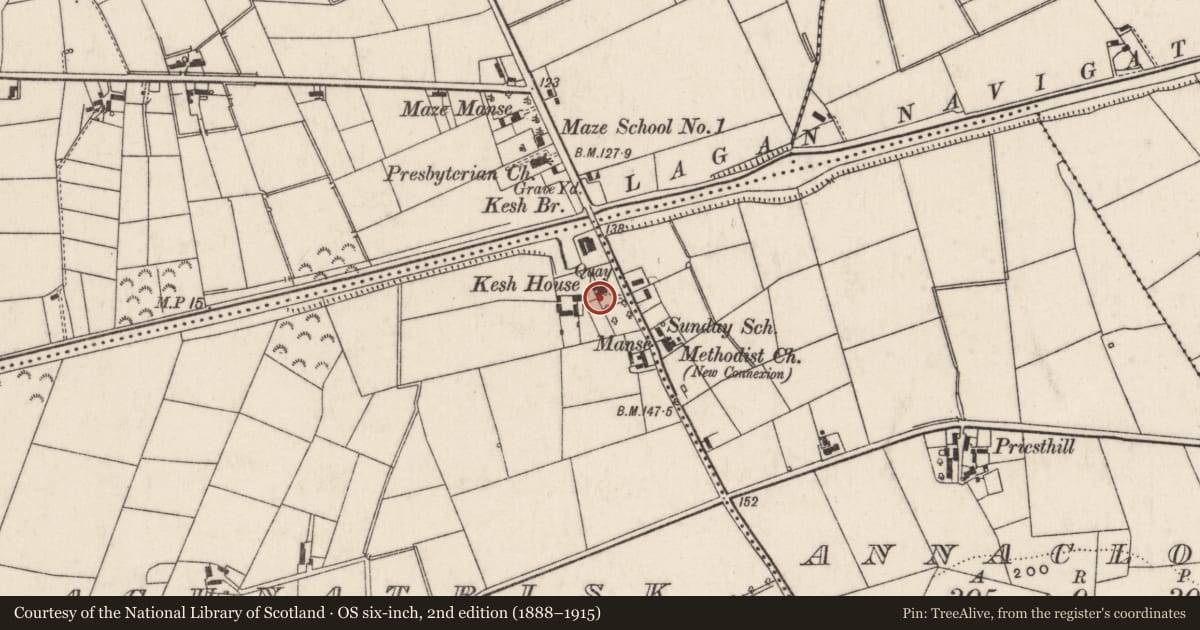 Ordnance Survey six-inch map, 2nd edition (1888–1915) covering the location of Kesh House, Lisburn and Castlereagh, with a pin at the register's coordinates