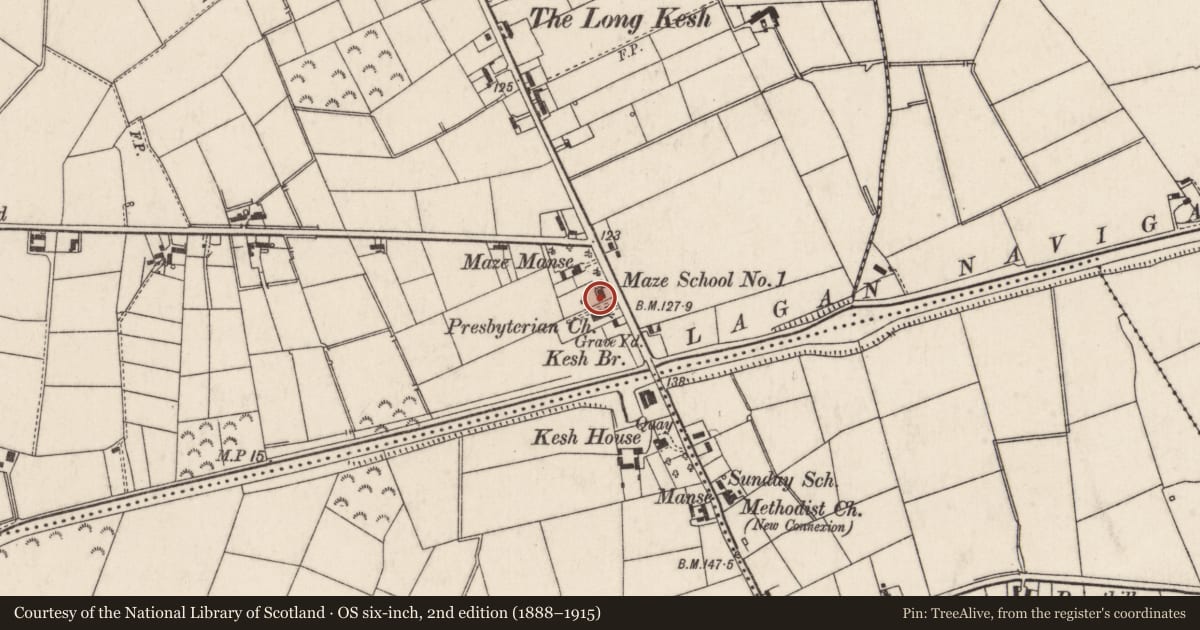 Ordnance Survey six-inch map, 2nd edition (1888–1915) covering the location of Maze Presbyterian Church Hall, Lisburn and Castlereagh, with a pin at the register's coordinates