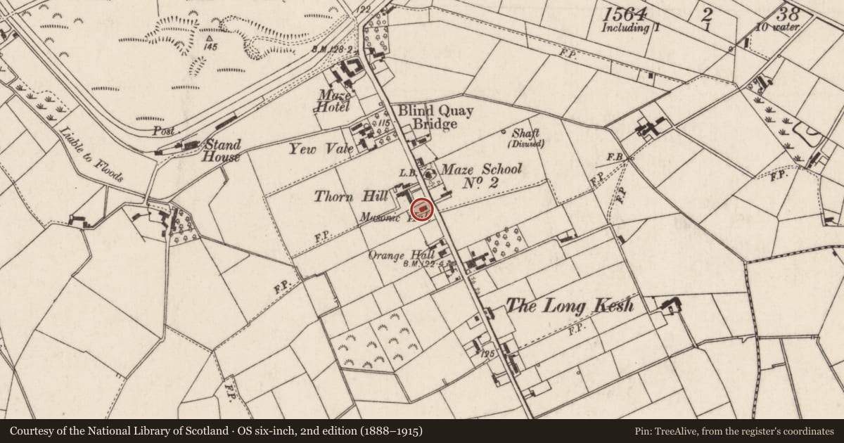 Ordnance Survey six-inch map, 2nd edition (1888–1915) covering the location of Maze Masonic Hall, Lisburn and Castlereagh, with a pin at the register's coordinates