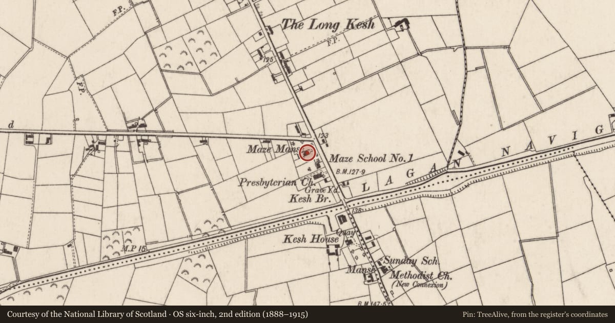 Ordnance Survey six-inch map, 2nd edition (1888–1915) covering the location of Maze Manse, Lisburn and Castlereagh, with a pin at the register's coordinates
