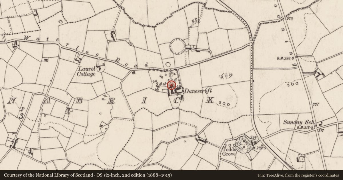 Ordnance Survey six-inch map, 2nd edition (1888–1915) covering the location of Danescroft, Lisburn and Castlereagh, with a pin at the register's coordinates