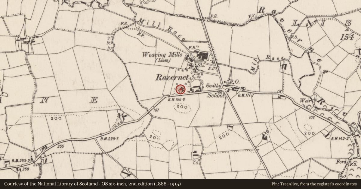 Ordnance Survey six-inch map, 2nd edition (1888–1915) covering the location of Ravarnet House, Ravernet, Lisburn and Castlereagh, with a pin at the register's coordinates