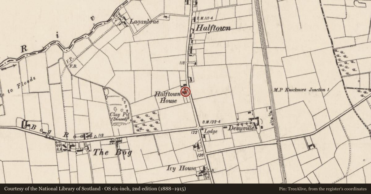 Ordnance Survey six-inch map, 2nd edition (1888–1915) covering the location of 40 Halftown Road, Lisburn and Castlereagh, with a pin at the register's coordinates