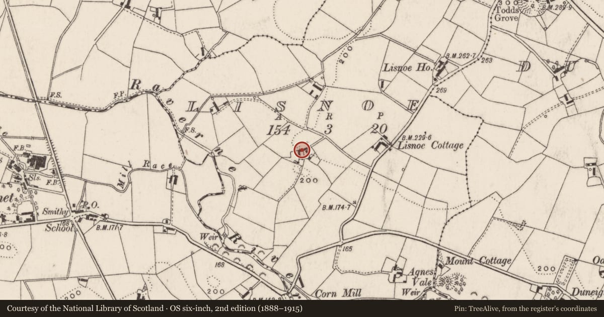 Ordnance Survey six-inch map, 2nd edition (1888–1915) covering the location of 37 Lisnoe Road, Lisburn and Castlereagh, with a pin at the register's coordinates