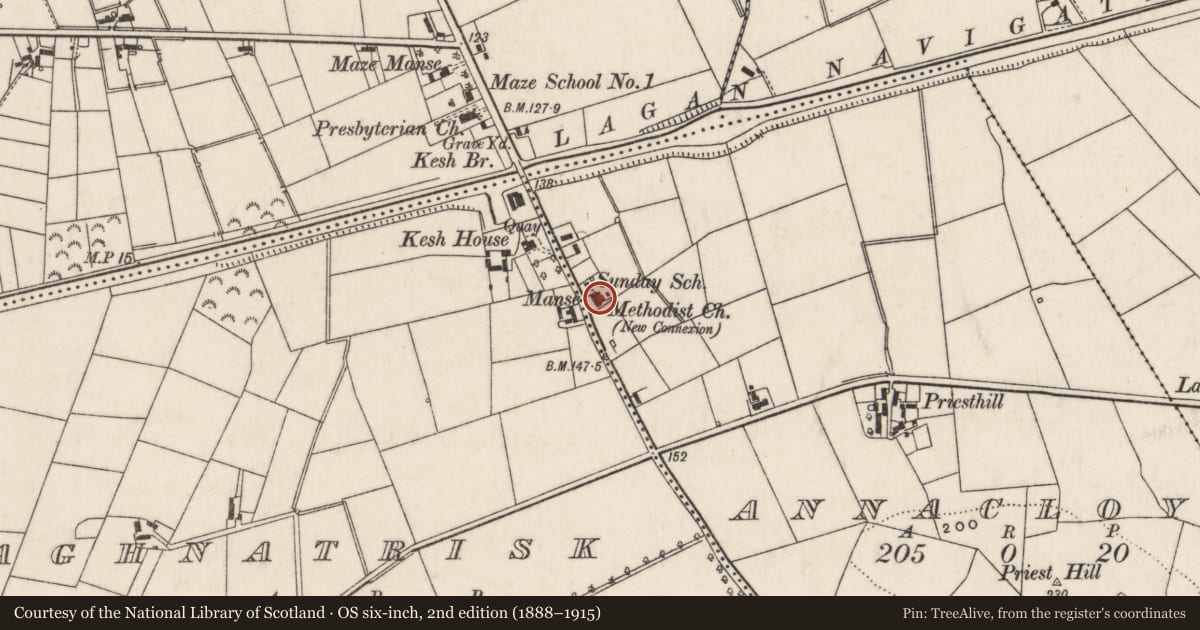 Ordnance Survey six-inch map, 2nd edition (1888–1915) covering the location of Zion Priesthill Methodist Church, Aghnatrish/Annacloy, Lisburn and Castlereagh, with a pin at the register's coordinates