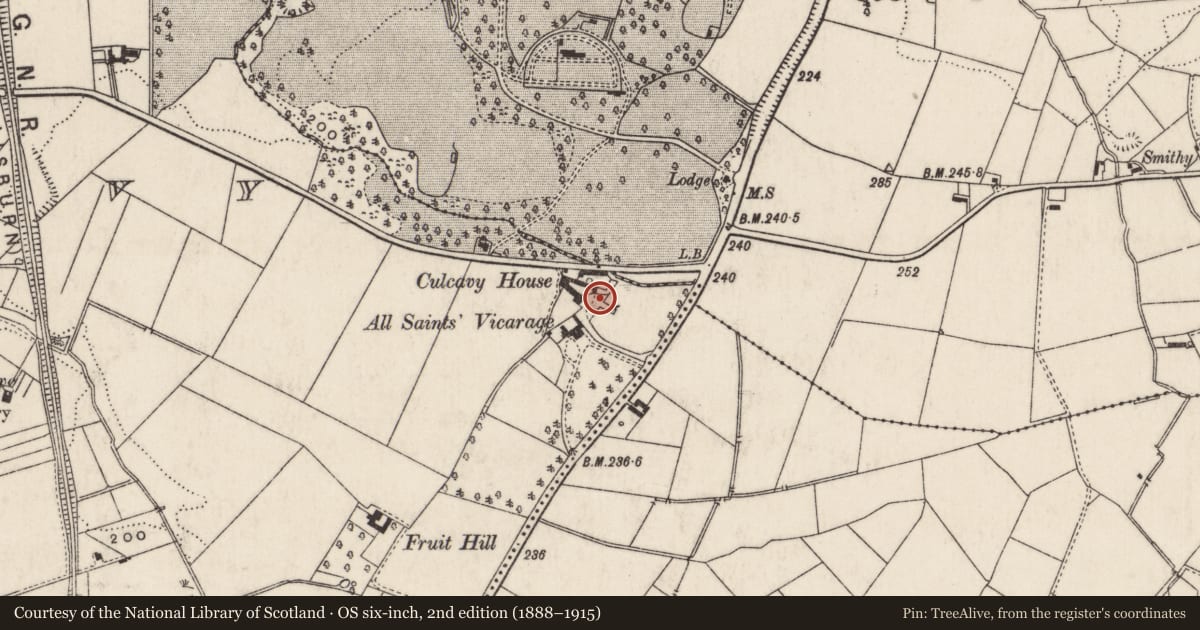 Ordnance Survey six-inch map, 2nd edition (1888–1915) covering the location of Brooklands, Carnbane, Lisburn and Castlereagh, with a pin at the register's coordinates