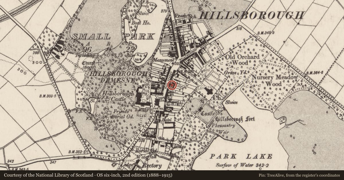 Ordnance Survey six-inch map, 2nd edition (1888–1915) covering the location of 18 Main Street, Hillsborough, Lisburn and Castlereagh, with a pin at the register's coordinates