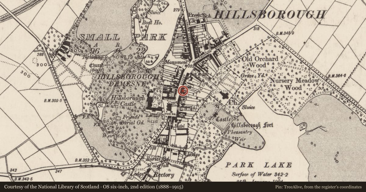 Ordnance Survey six-inch map, 2nd edition (1888–1915) covering the location of 20 Main Street, Hillsborough, Lisburn and Castlereagh, with a pin at the register's coordinates