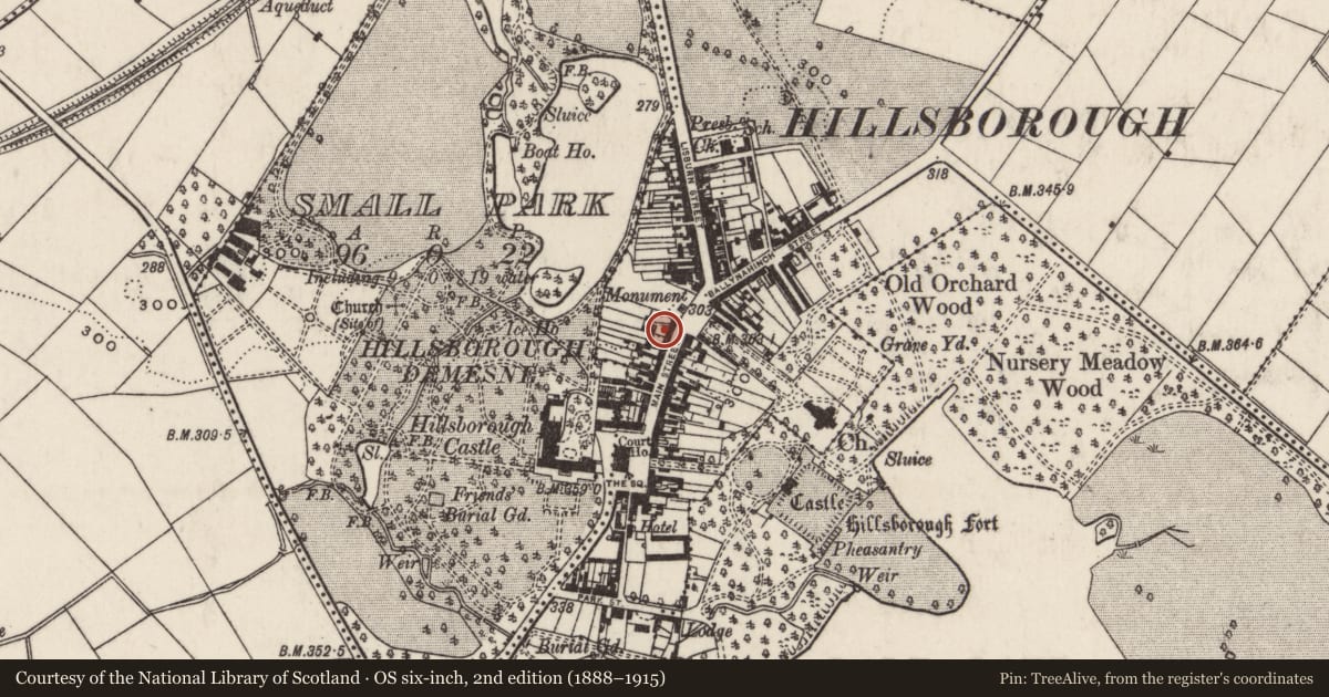 Ordnance Survey six-inch map, 2nd edition (1888–1915) covering the location of 7 Main Street, Hillsborough, Lisburn and Castlereagh, with a pin at the register's coordinates