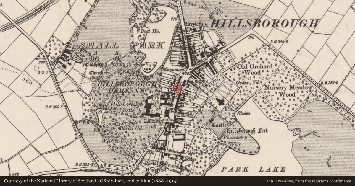 Ordnance Survey six-inch map, 2nd edition (1888–1915) covering the location of 17 Main Street, Hillsborough, Lisburn and Castlereagh, with a pin at the register's coordinates