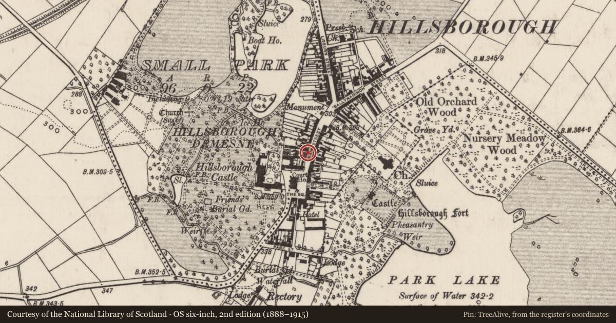 Ordnance Survey six-inch map, 2nd edition (1888–1915) covering the location of 27 Main Street, Hillsborough, Lisburn and Castlereagh, with a pin at the register's coordinates