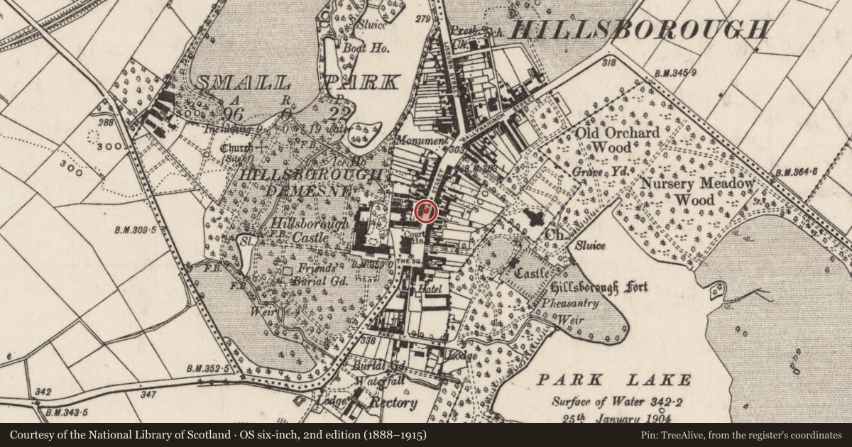 Ordnance Survey six-inch map, 2nd edition (1888–1915) covering the location of Milestone, Hillsborough, Lisburn and Castlereagh, with a pin at the register's coordinates