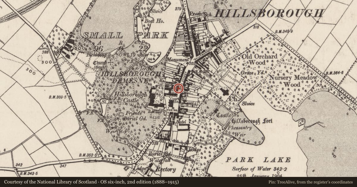Ordnance Survey six-inch map, 2nd edition (1888–1915) covering the location of 31 Main Street, Hillsborough, Lisburn and Castlereagh, with a pin at the register's coordinates