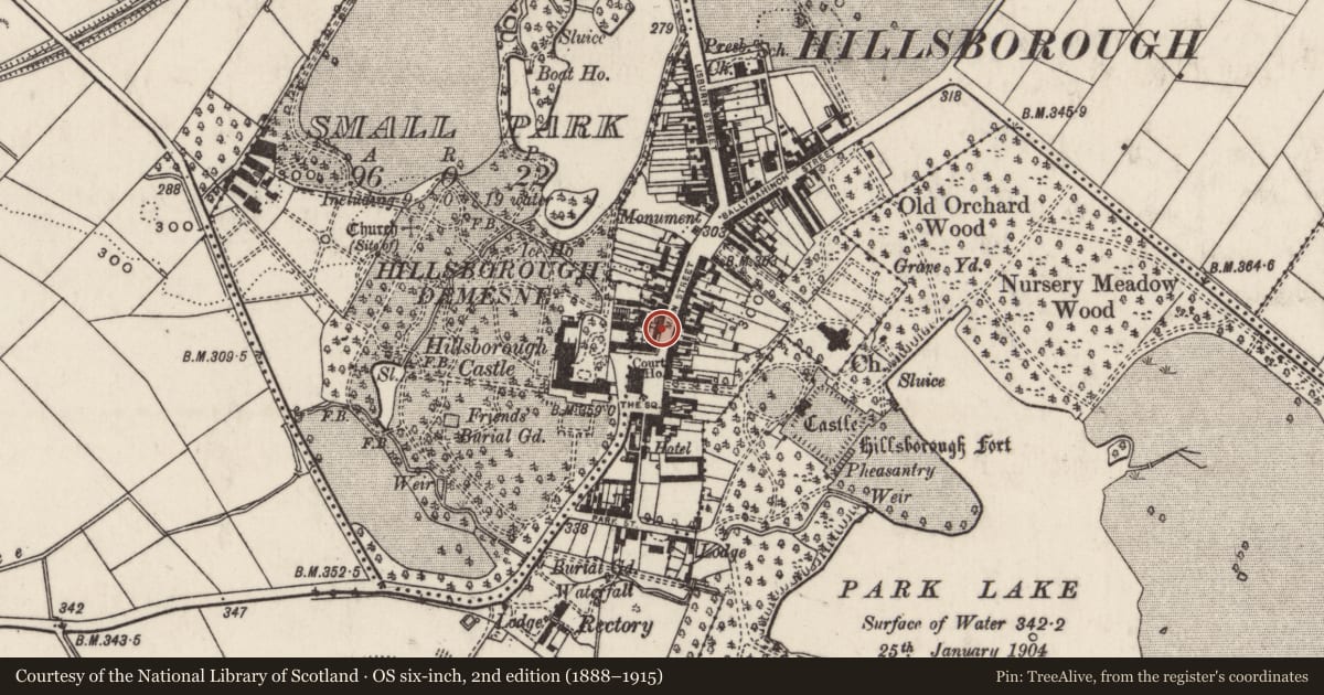 Ordnance Survey six-inch map, 2nd edition (1888–1915) covering the location of 33 Main Street, Hillsborough, Lisburn and Castlereagh, with a pin at the register's coordinates