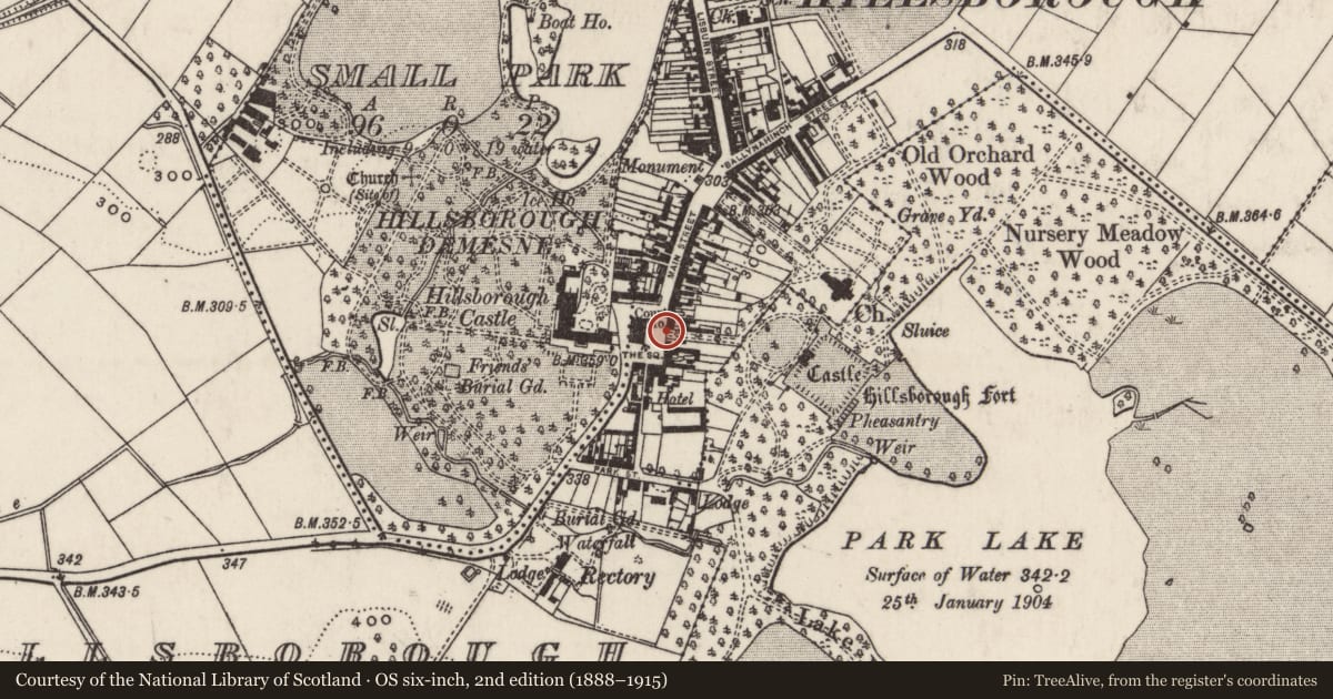 Ordnance Survey six-inch map, 2nd edition (1888–1915) covering the location of Gateway to Fort, Lisburn and Castlereagh, with a pin at the register's coordinates