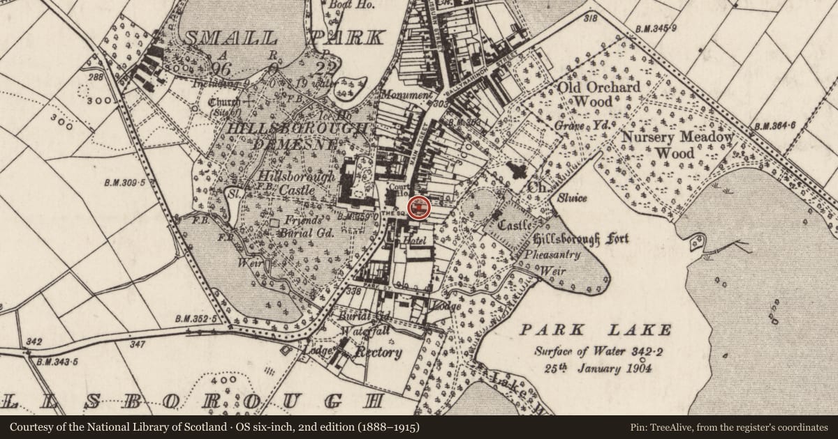 Ordnance Survey six-inch map, 2nd edition (1888–1915) covering the location of 5 The Square, Hillsborough, Lisburn and Castlereagh, with a pin at the register's coordinates