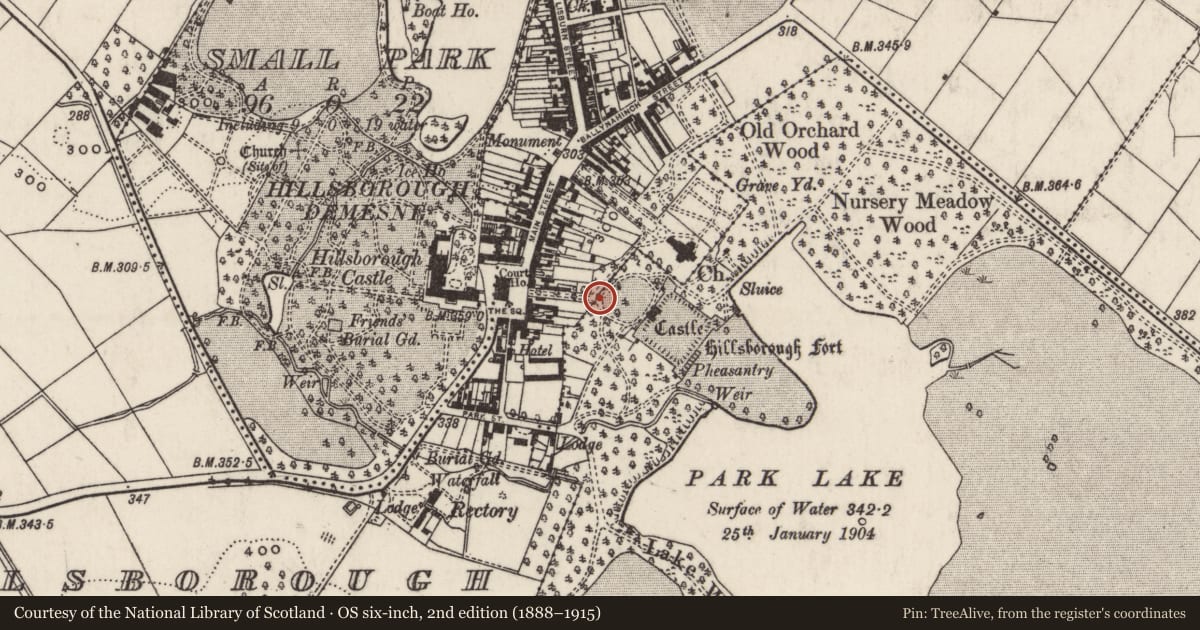 Ordnance Survey six-inch map, 2nd edition (1888–1915) covering the location of Inner Gates, Lisburn and Castlereagh, with a pin at the register's coordinates