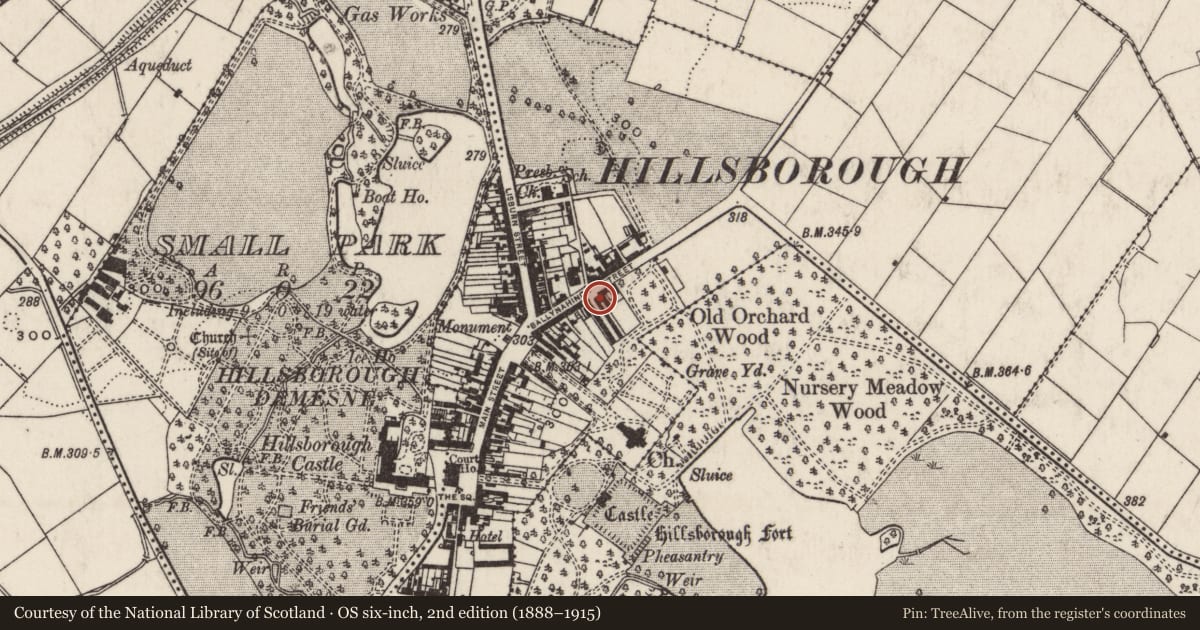 Ordnance Survey six-inch map, 2nd edition (1888–1915) covering the location of 4 Arthur St., Lisburn and Castlereagh, with a pin at the register's coordinates