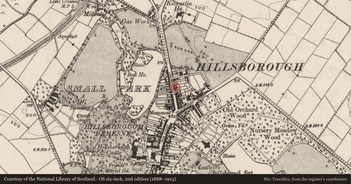 Ordnance Survey six-inch map, 2nd edition (1888–1915) covering the location of 39-41 Lisburn Street, Lisburn and Castlereagh, with a pin at the register's coordinates