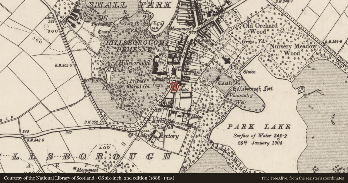 Ordnance Survey six-inch map, 2nd edition (1888–1915) covering the location of 2 Inns Court, hillsborough, Lisburn and Castlereagh, with a pin at the register's coordinates