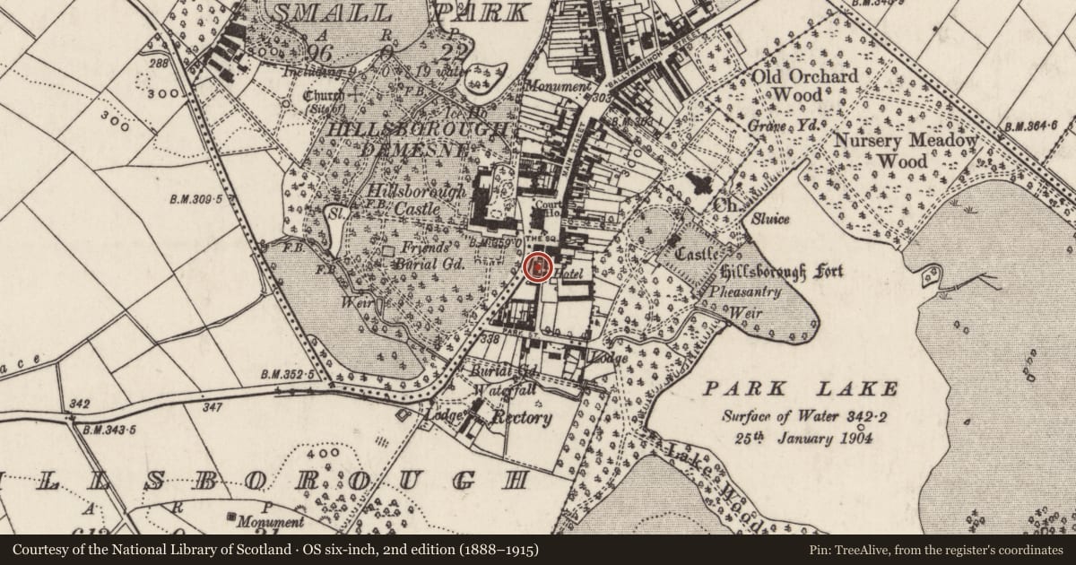 Ordnance Survey six-inch map, 2nd edition (1888–1915) covering the location of 3 Inns Court, Hillsborough, Lisburn and Castlereagh, with a pin at the register's coordinates