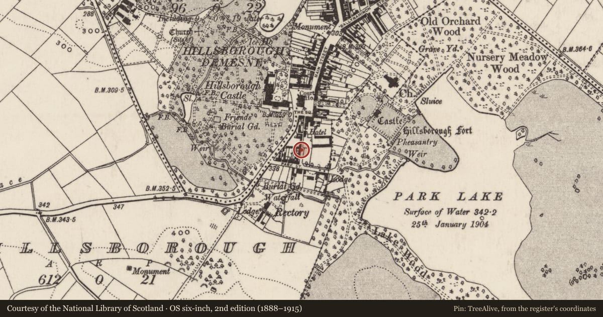 Ordnance Survey six-inch map, 2nd edition (1888–1915) covering the location of 3 Park Lane, Lisburn and Castlereagh, with a pin at the register's coordinates