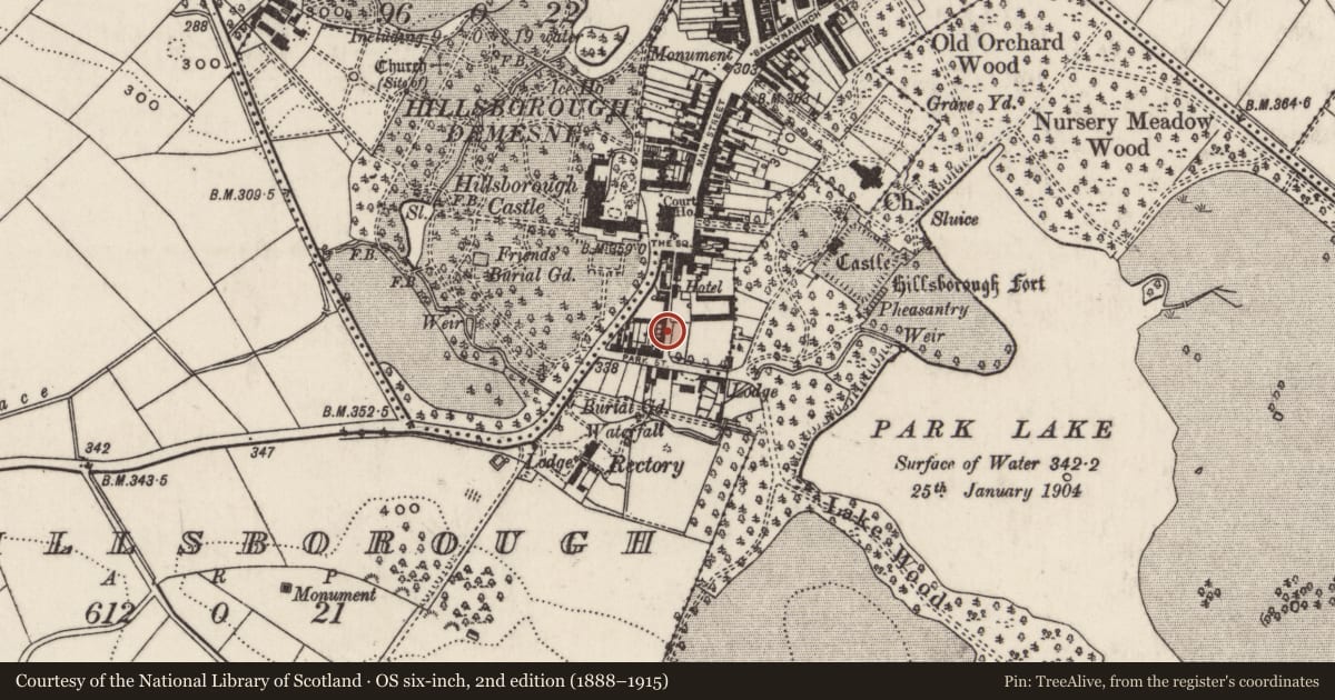 Ordnance Survey six-inch map, 2nd edition (1888–1915) covering the location of 5 Park Lane, Lisburn and Castlereagh, with a pin at the register's coordinates
