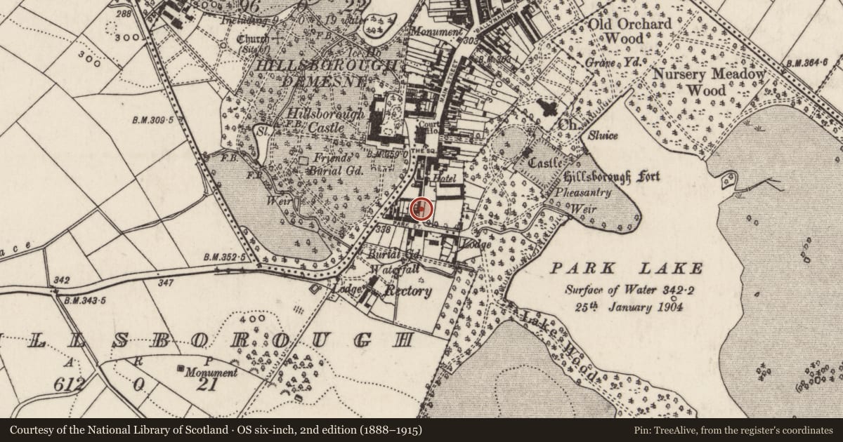Ordnance Survey six-inch map, 2nd edition (1888–1915) covering the location of 7 Park Lane, Lisburn and Castlereagh, with a pin at the register's coordinates