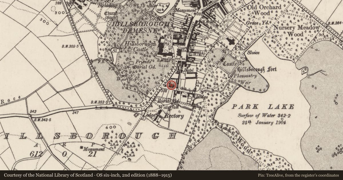 Ordnance Survey six-inch map, 2nd edition (1888–1915) covering the location of 4-16 Park Street, Lisburn and Castlereagh, with a pin at the register's coordinates