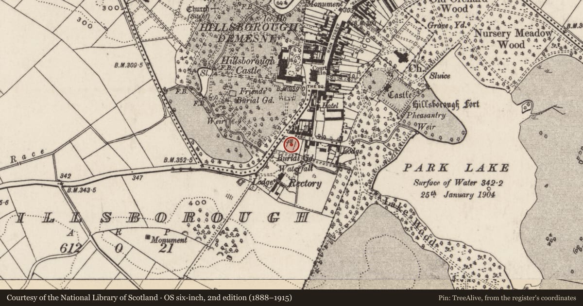 Ordnance Survey six-inch map, 2nd edition (1888–1915) covering the location of Roden House, Hillsborough, Lisburn and Castlereagh, with a pin at the register's coordinates