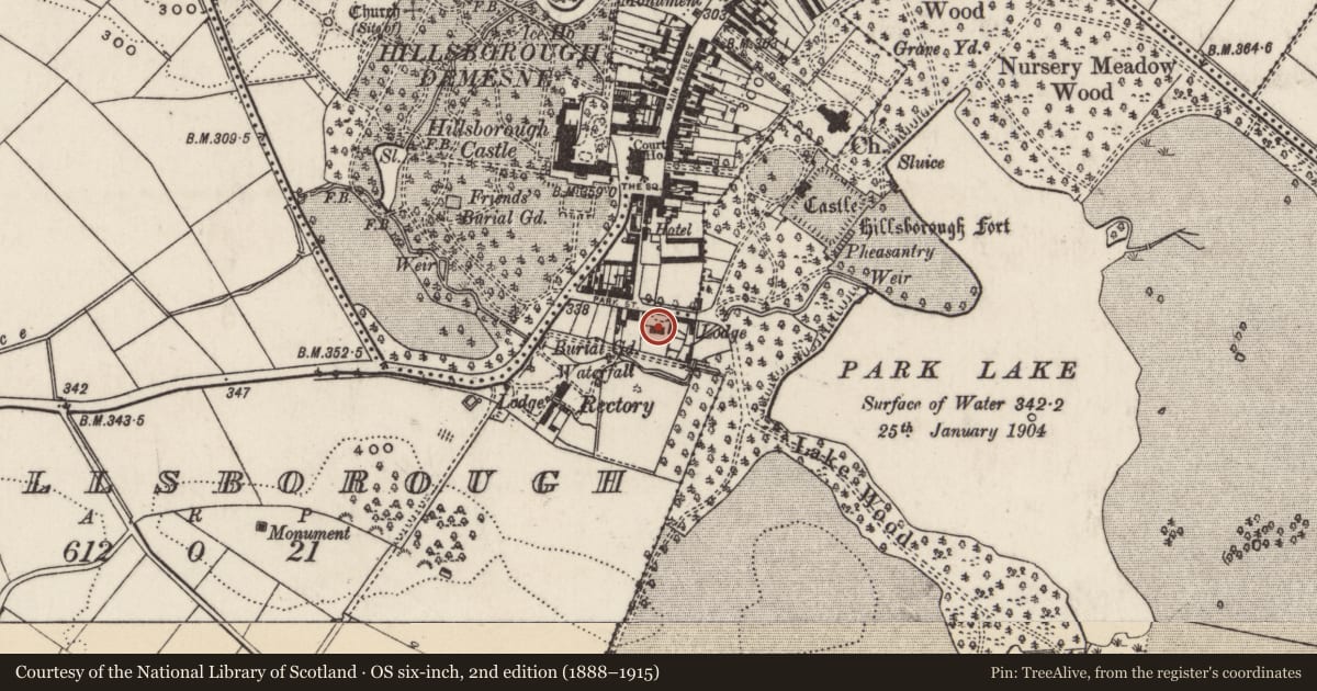 Ordnance Survey six-inch map, 2nd edition (1888–1915) covering the location of Friends’ Meeting House, Hillsborough, Lisburn and Castlereagh, with a pin at the register's coordinates