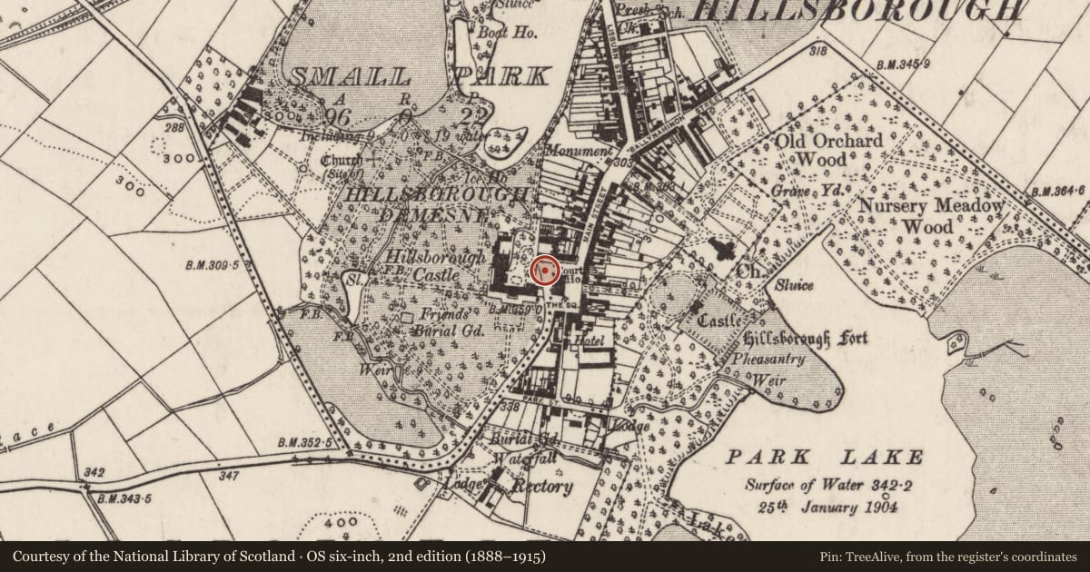 Ordnance Survey six-inch map, 2nd edition (1888–1915) covering the location of Lodge, Small Park/Hillsborough, Lisburn and Castlereagh, with a pin at the register's coordinates