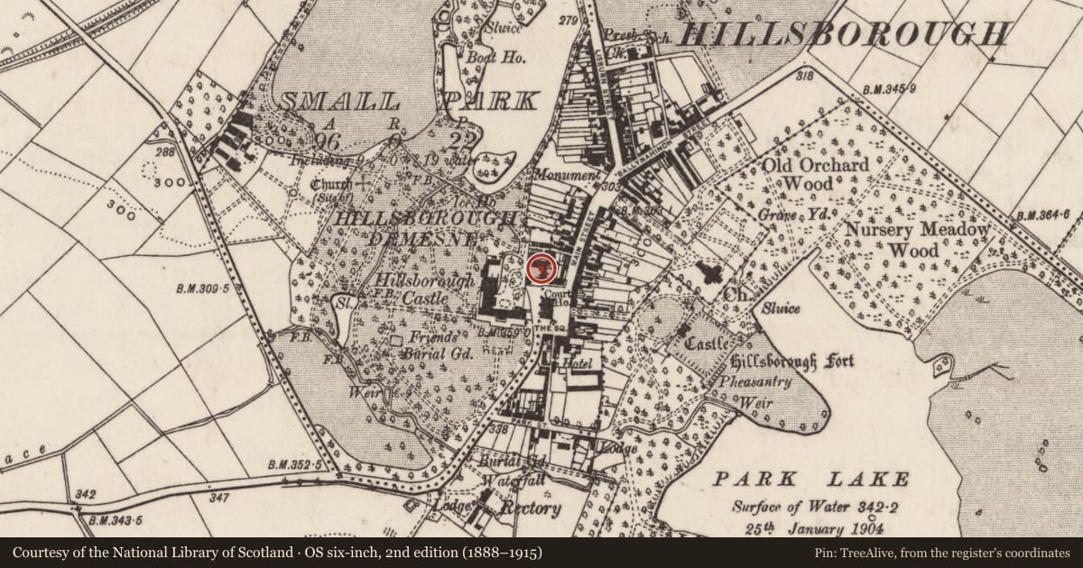 Ordnance Survey six-inch map, 2nd edition (1888–1915) covering the location of Guardhouse, Small Park/Hillsborough, Lisburn and Castlereagh, with a pin at the register's coordinates