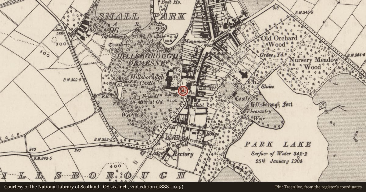 Ordnance Survey six-inch map, 2nd edition (1888–1915) covering the location of Summer House, Hillsborough, Lisburn and Castlereagh, with a pin at the register's coordinates