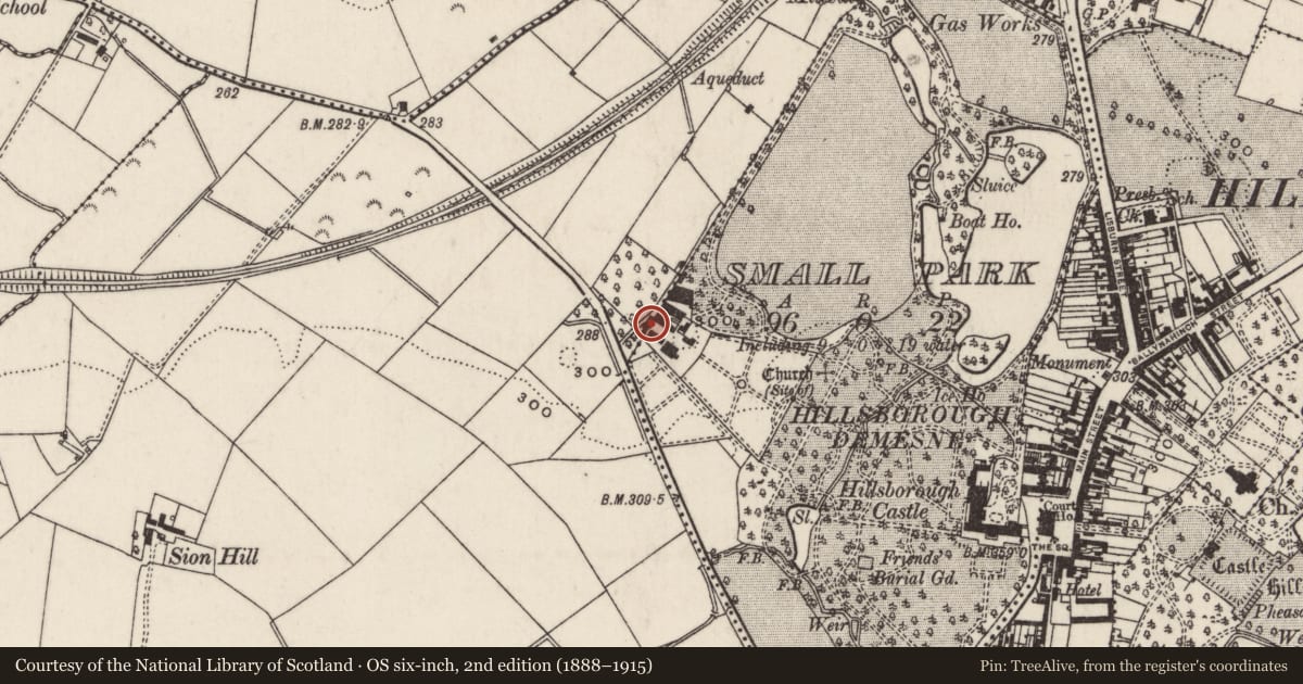Ordnance Survey six-inch map, 2nd edition (1888–1915) covering the location of Gardener's House, Hillsborough/Small Park, Lisburn and Castlereagh, with a pin at the register's coordinates