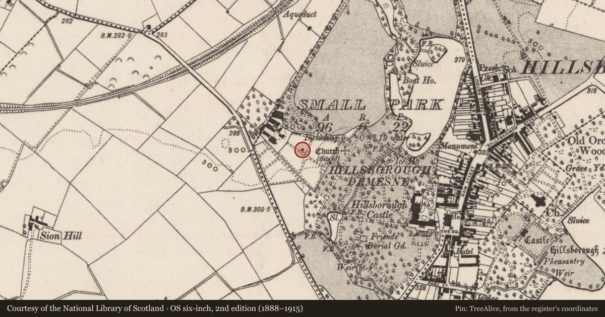 Ordnance Survey six-inch map, 2nd edition (1888–1915) covering the location of Walled garden and shell house, Small Park, Lisburn and Castlereagh, with a pin at the register's coordinates