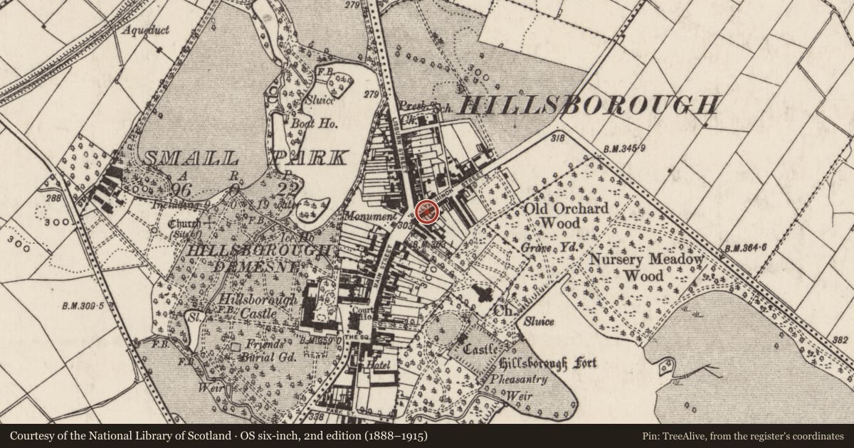 Ordnance Survey six-inch map, 2nd edition (1888–1915) covering the location of 5 Ballynahinch Street, Lisburn and Castlereagh, with a pin at the register's coordinates